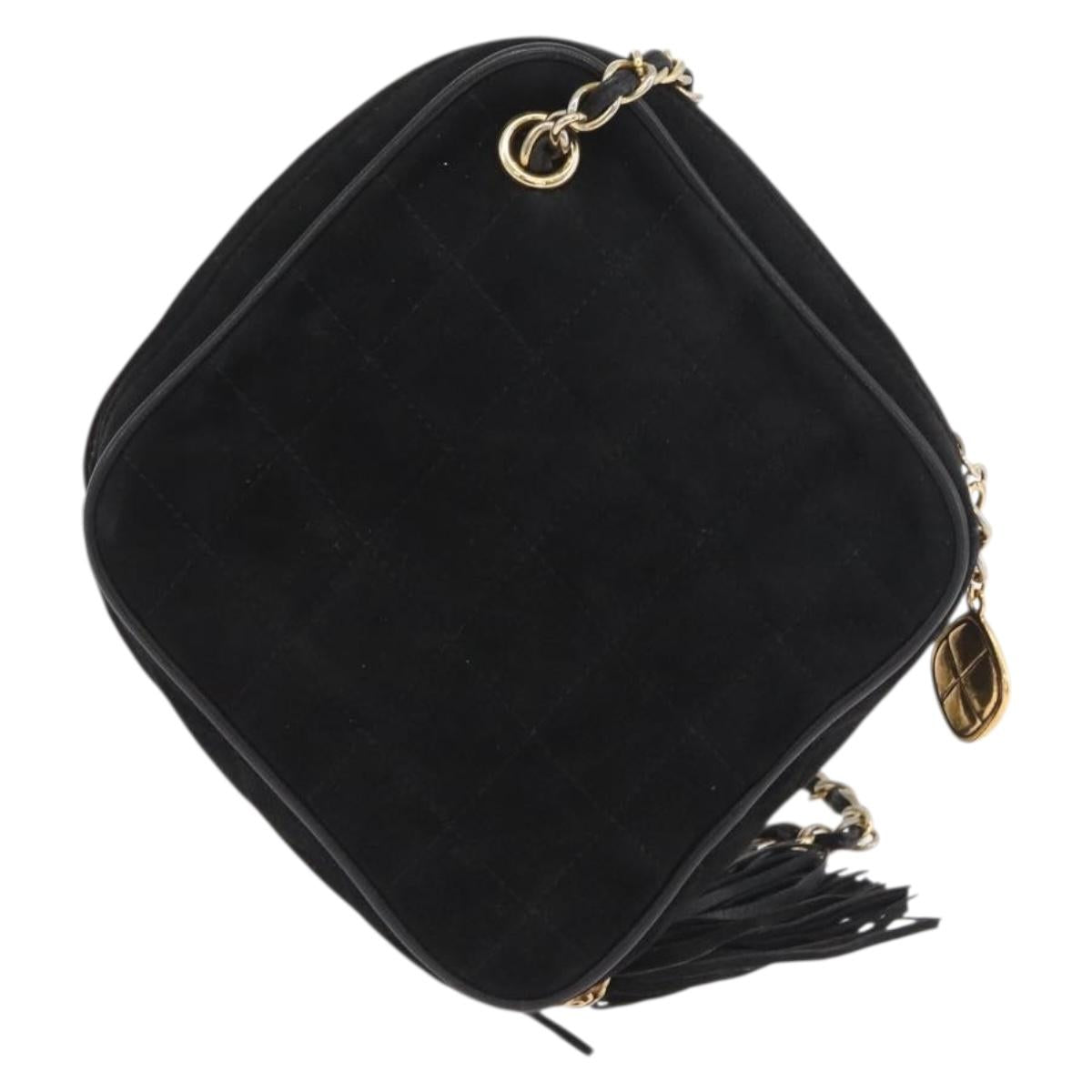 CHANEL Chain Choco Bar Shoulder Bag Suede Black Gold CC Auth LNZ606A