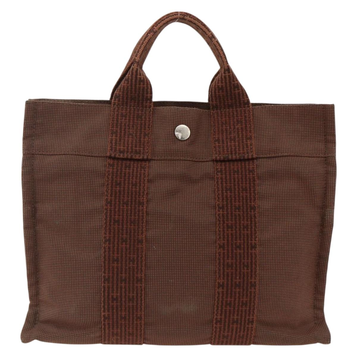 HERMES Her Line PM Tote Bag Canvas Brown Silver Auth LNZ607A