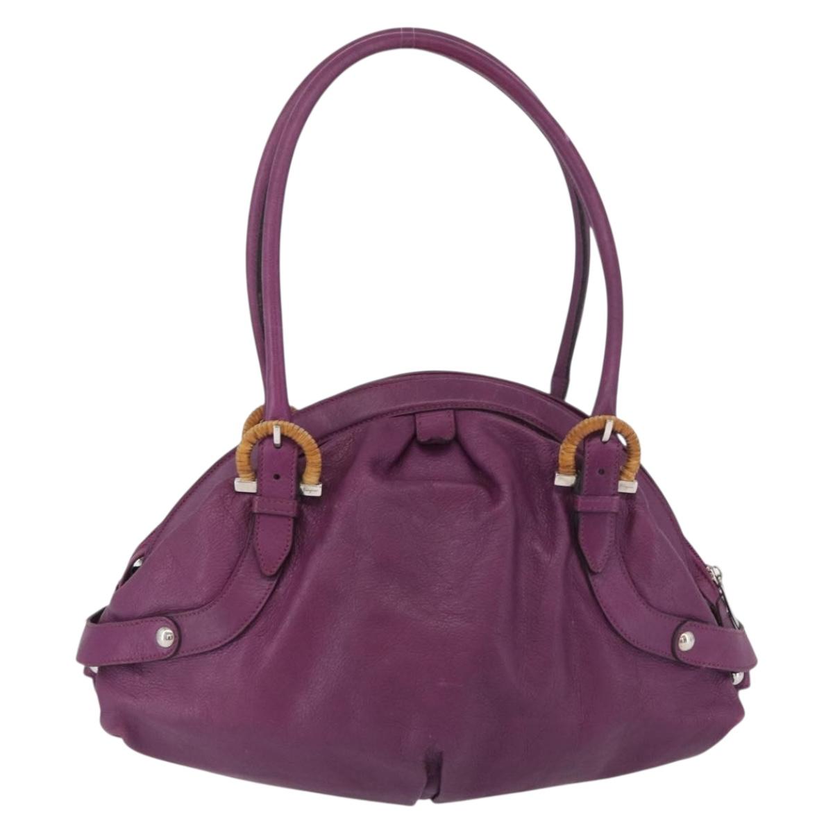 Salvatore Ferragamo Gancini Hand Bag Leather Purple Silver Auth LNZ629