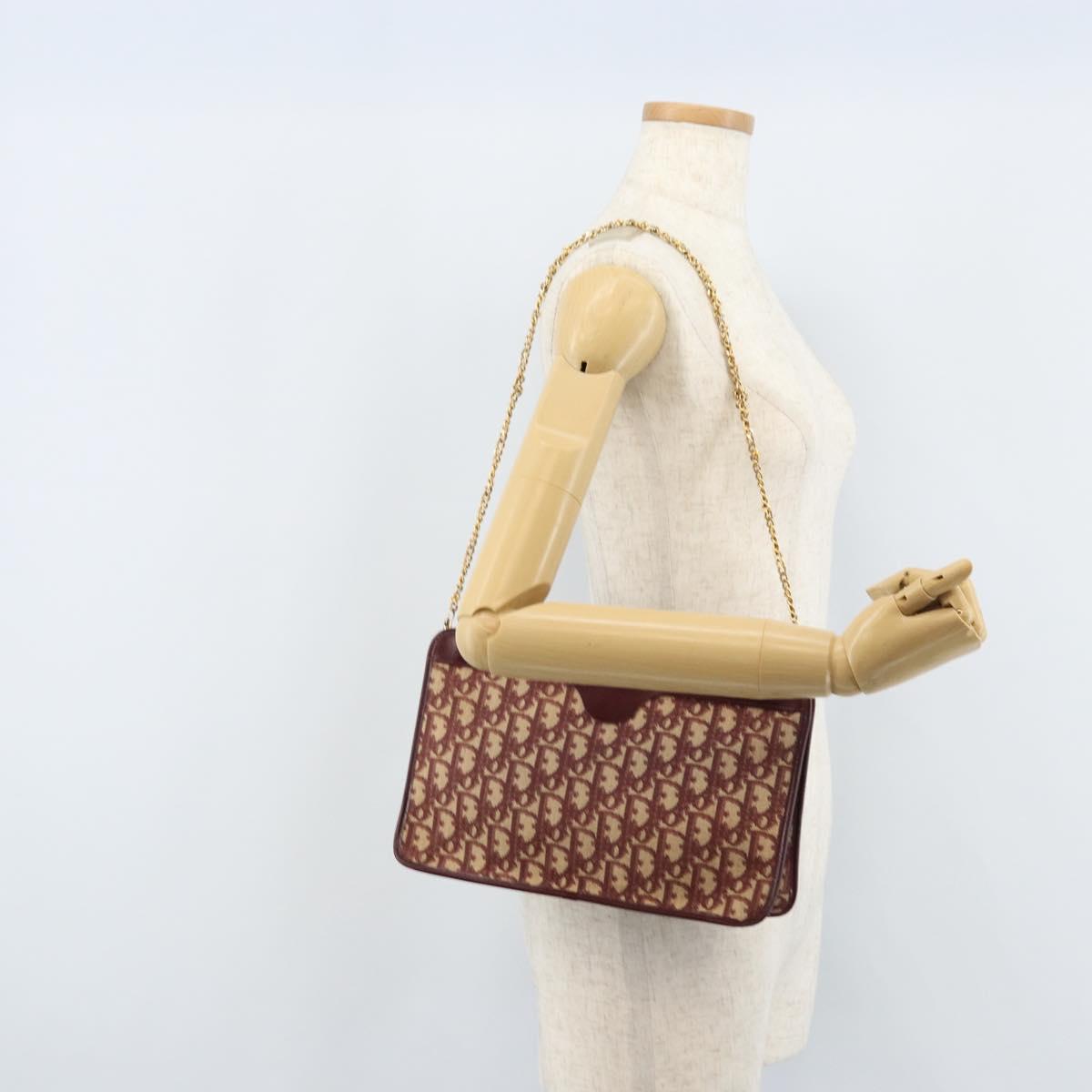 Christian Dior Trotter Canvas Chain Shoulder Bag Red Gold Auth LNZ657