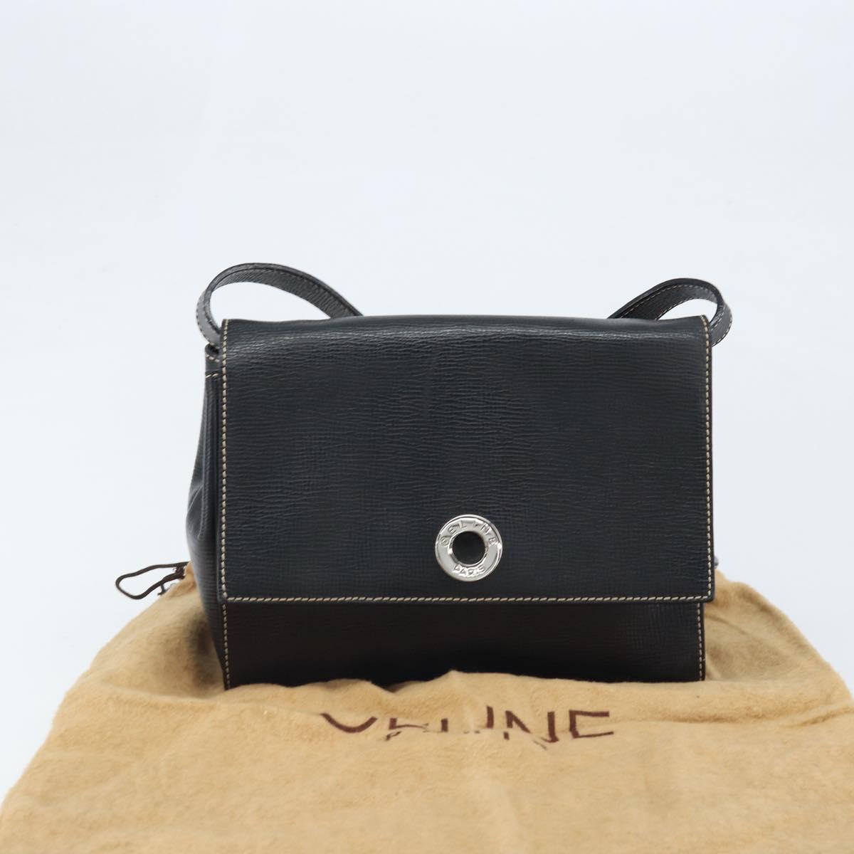 CELINE Circle Shoulder Bag Leather Black Silver Auth LNZ679V