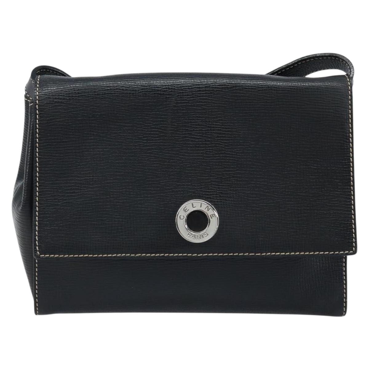 CELINE Circle Shoulder Bag Leather Black Silver Auth LNZ679V