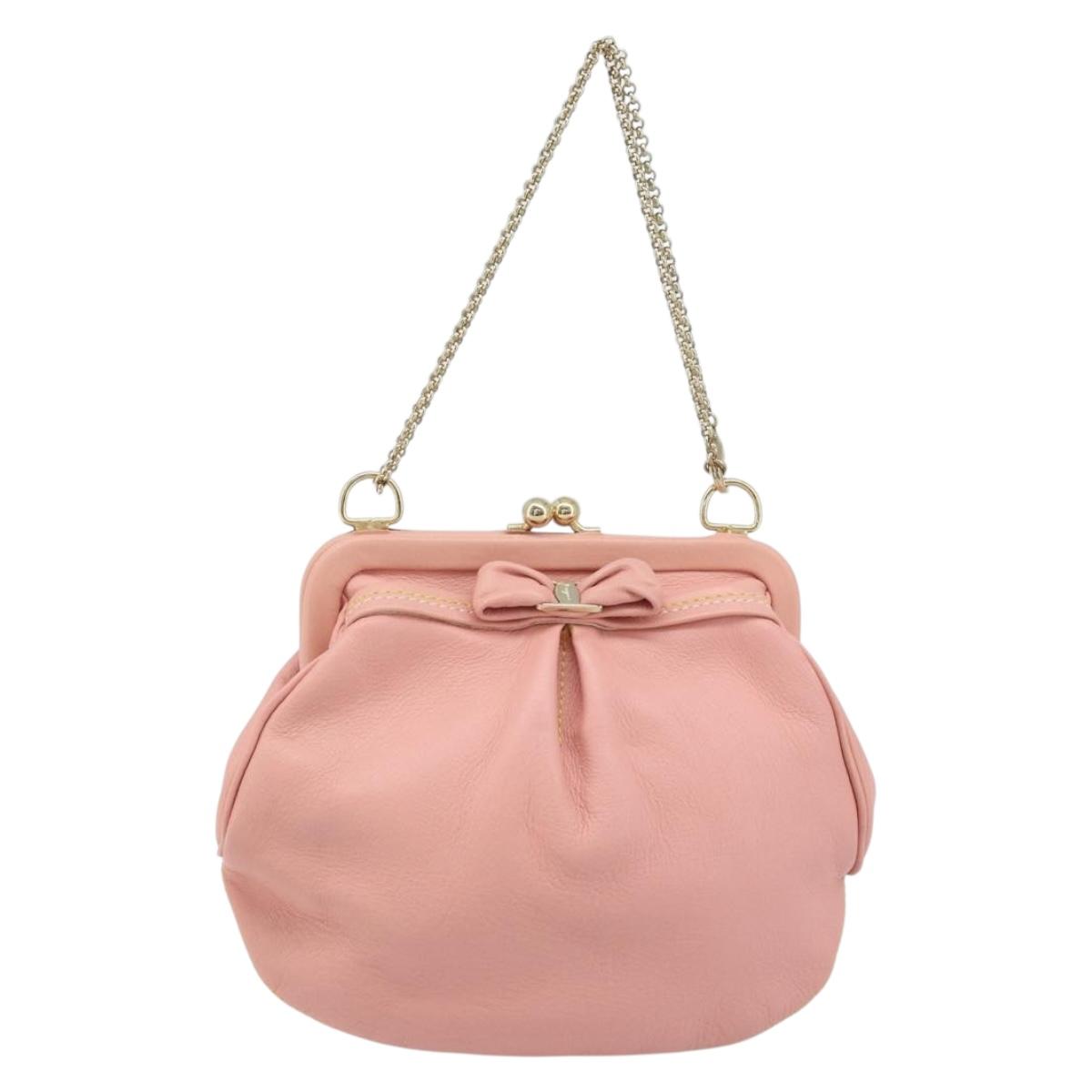 Salvatore Ferragamo Chain Vala Pouch Leather Pink Gold Auth LNZ683A