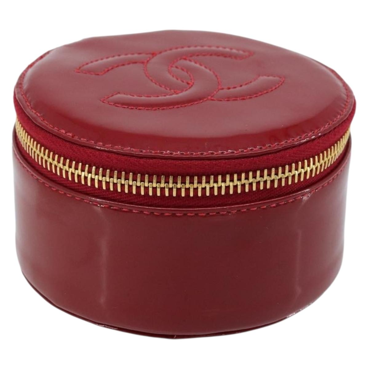 CHANEL COCO Mark Jewelry Case Patent leather Red Gold CC Auth LNZ684V