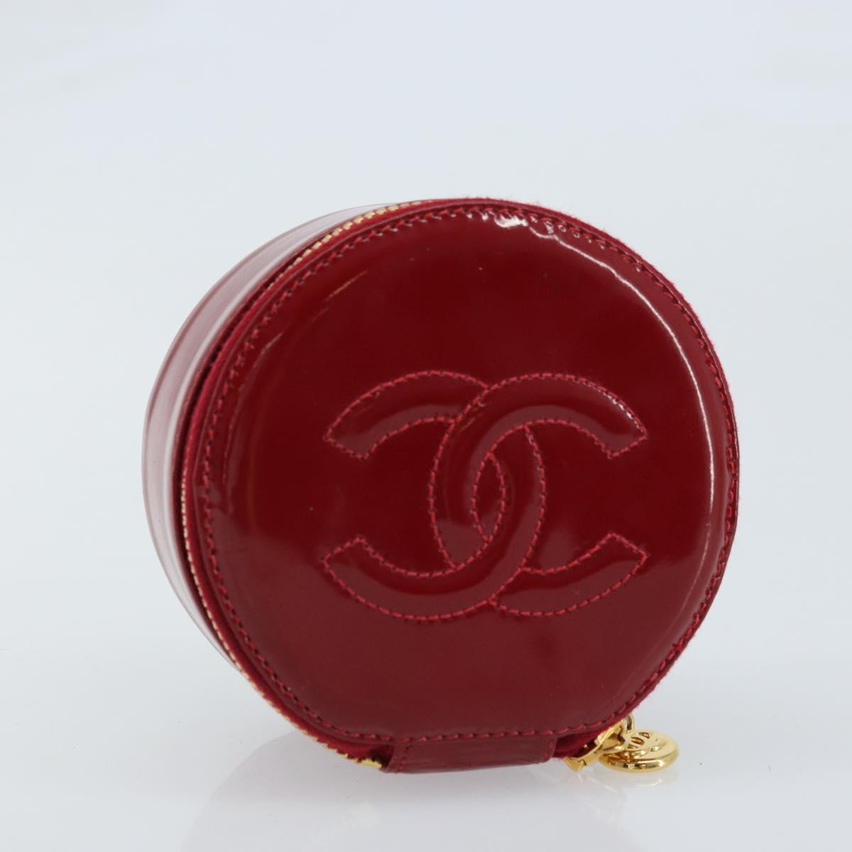 CHANEL COCO Mark Jewelry Case Patent leather Red Gold CC Auth LNZ684V