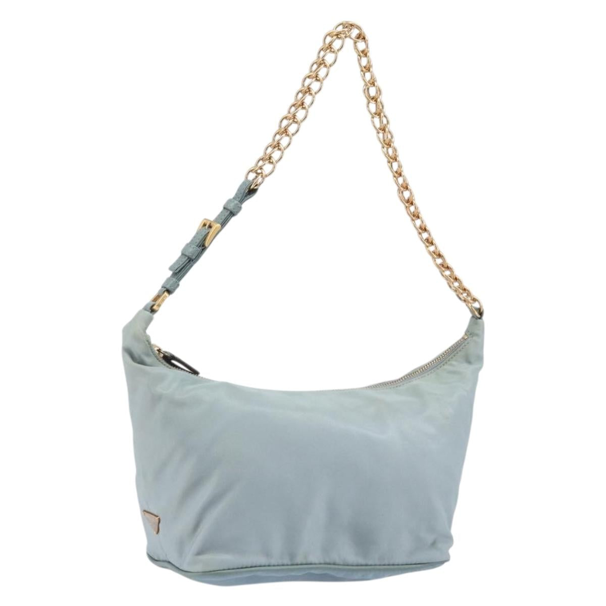 PRADA Chain Shoulder Bag Nylon Light Blue Gold Auth LNZ688V
