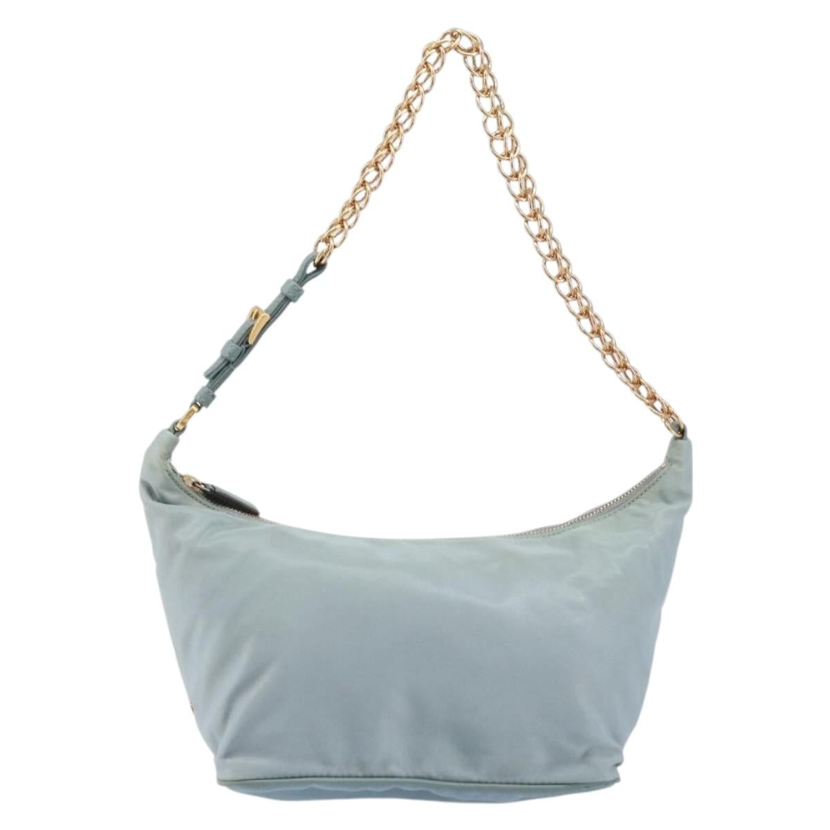 PRADA Chain Shoulder Bag Nylon Light Blue Gold Auth LNZ688V