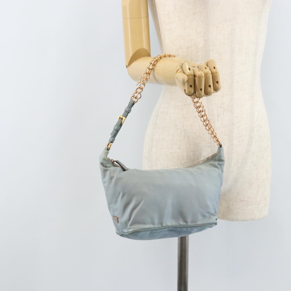 PRADA Chain Shoulder Bag Nylon Light Blue Gold Auth LNZ688V