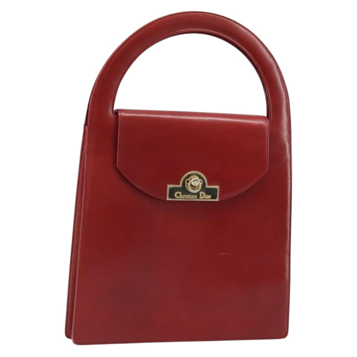 Christian Dior Hand Bag Leather Red Gold Auth LNZ689