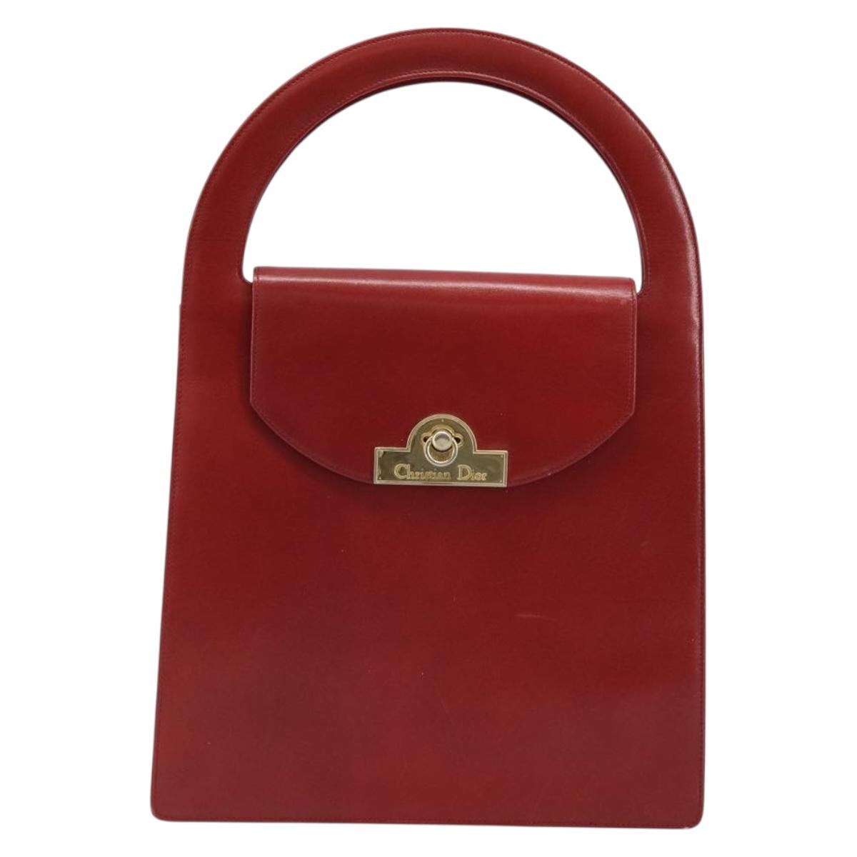 Christian Dior Hand Bag Leather Red Gold Auth LNZ689