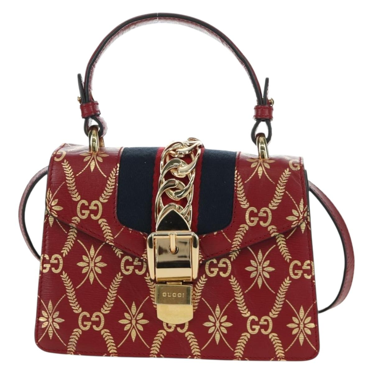 GUCCI Silvi Sherry Line Hand Bag Leather 2way Red Gold 470270 Auth LNZ690V