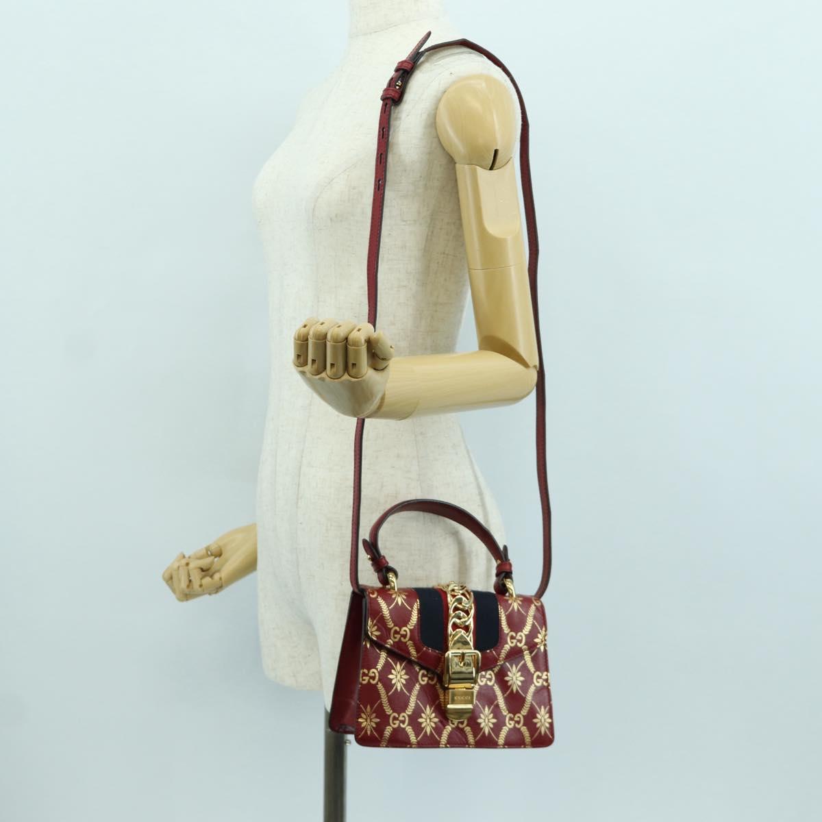 GUCCI Silvi Sherry Line Hand Bag Leather 2way Red Gold 470270 Auth LNZ690V
