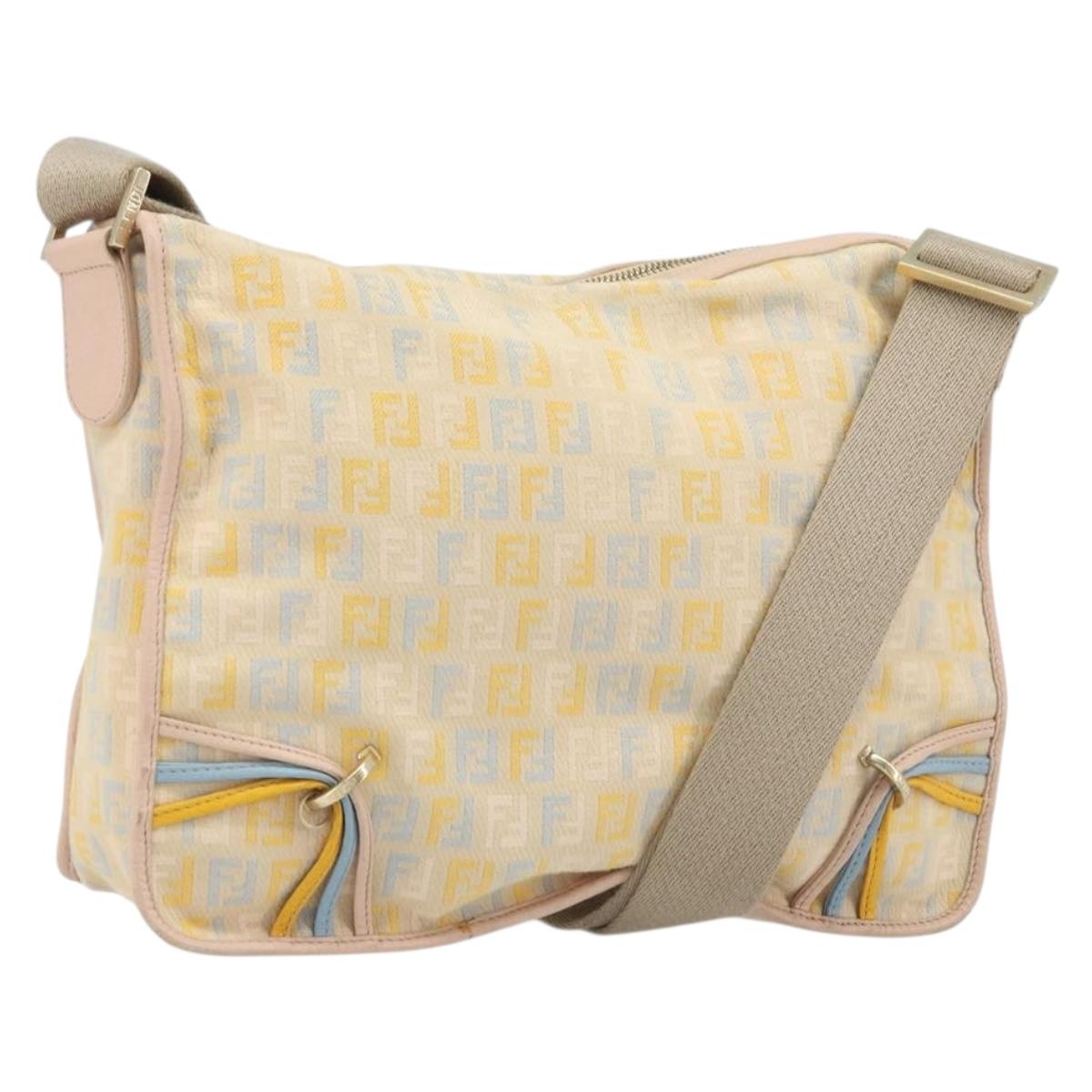 FENDI Zucchino Canvas Shoulder Bag Beige Gold Auth LNZ697