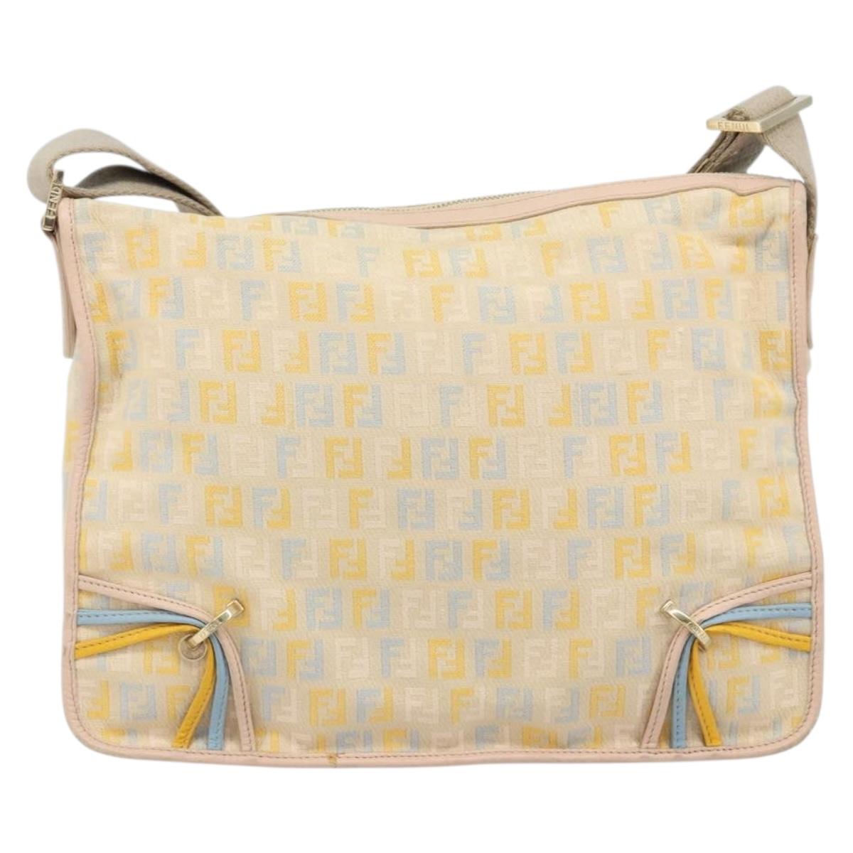 FENDI Zucchino Canvas Shoulder Bag Beige Gold Auth LNZ697