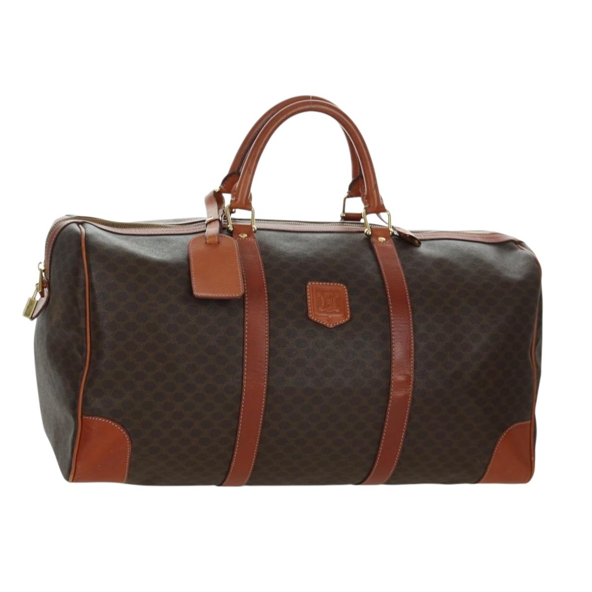 CELINE Macadam Canvas Boston Bag PVC Leather Brown Gold Auth LNZ708A