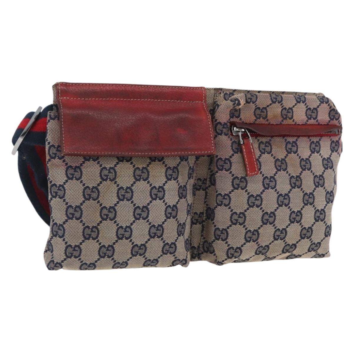GUCCI GG Canvas Sherry Line Waist bag Beige Silver 28566 Auth LNZ713
