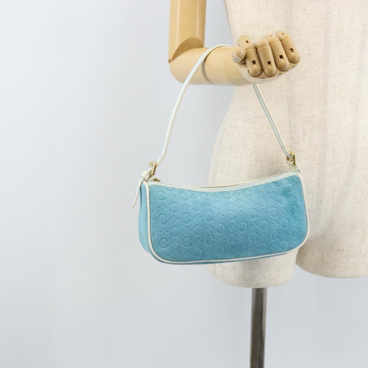 CELINE C Macadam Canvas Accessory Pouch Suede Light Blue Gold Auth LNZ731A