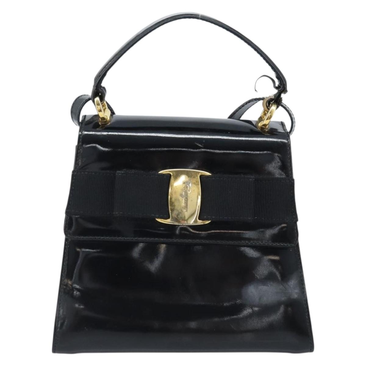 Salvatore Ferragamo Vala Hand Bag Patent leather 2way Black Gold Auth LNZ738