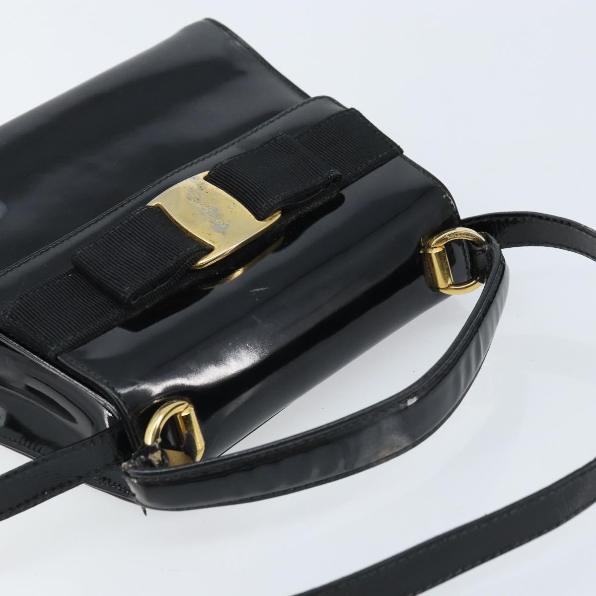 Salvatore Ferragamo Vala Hand Bag Patent leather 2way Black Gold Auth LNZ738