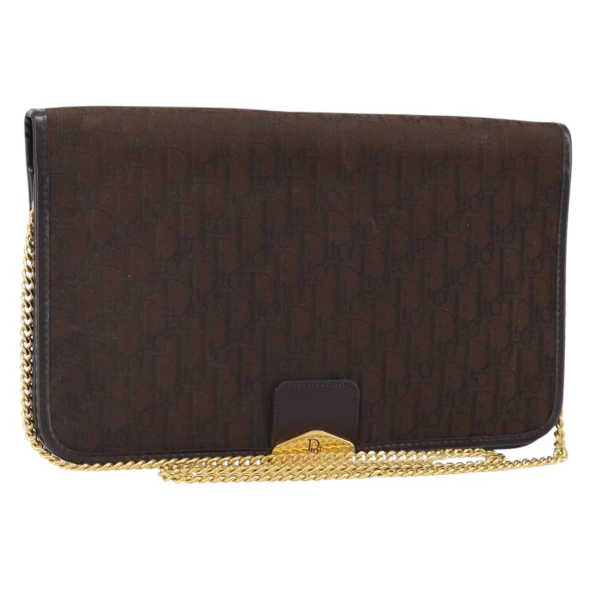 Christian Dior Trotter Canvas Chain Shoulder Bag Brown Gold Auth LNZ741