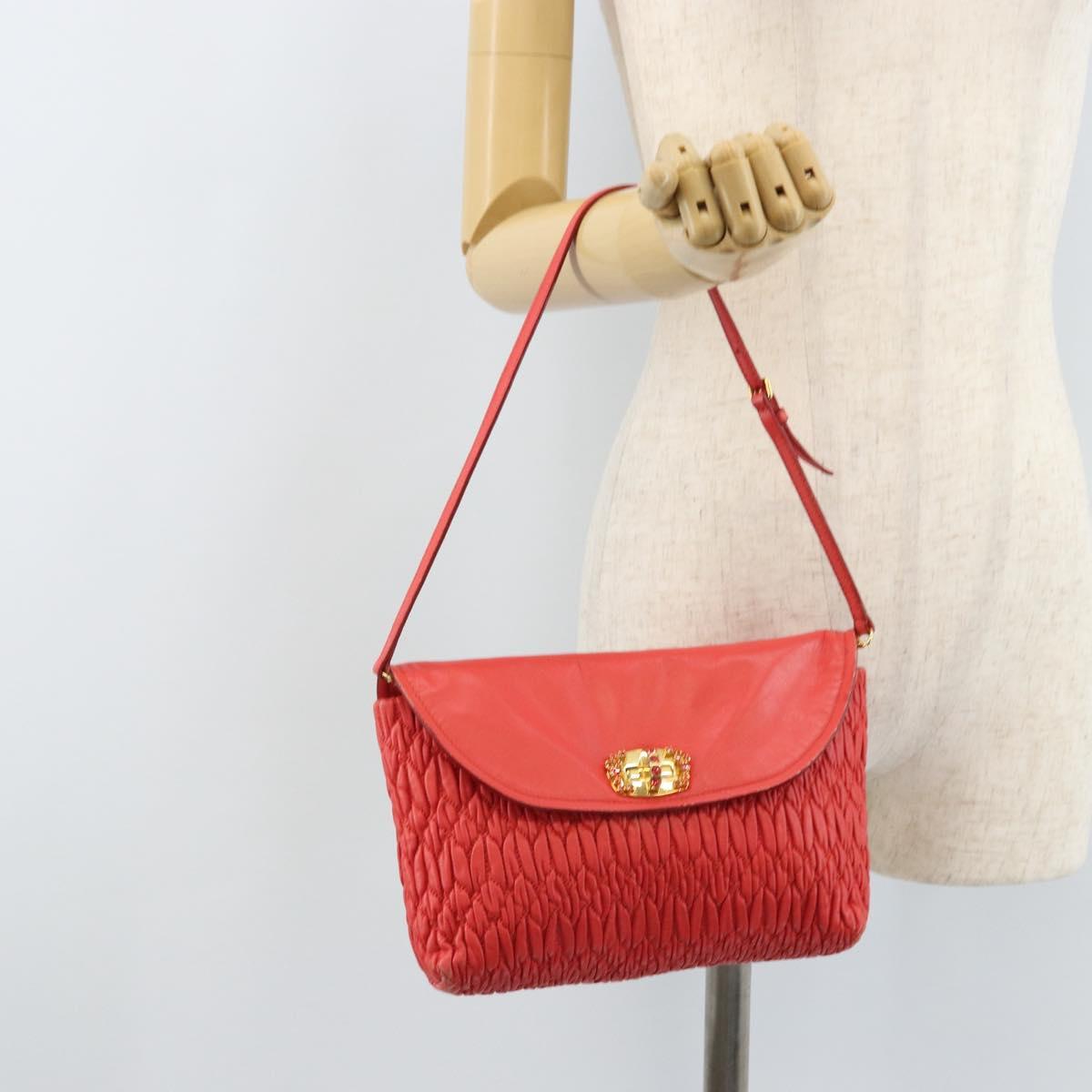Miu Miu Matelasse Shoulder Bag Leather 2way Red Gold Auth LNZ743V
