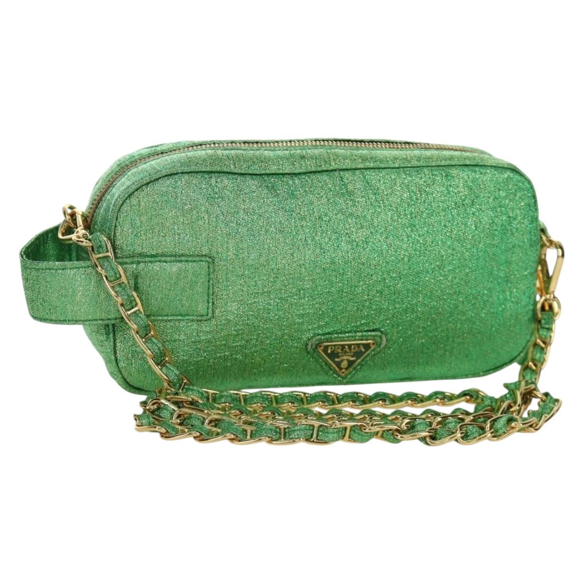 PRADA Chain Shoulder Bag Canvas Green Gold Auth LNZ744V