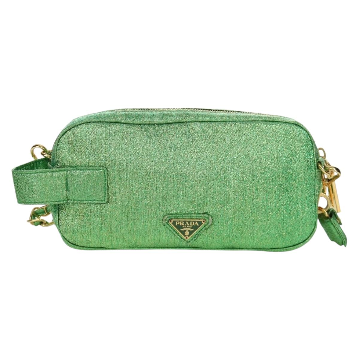 PRADA Chain Shoulder Bag Canvas Green Gold Auth LNZ744V