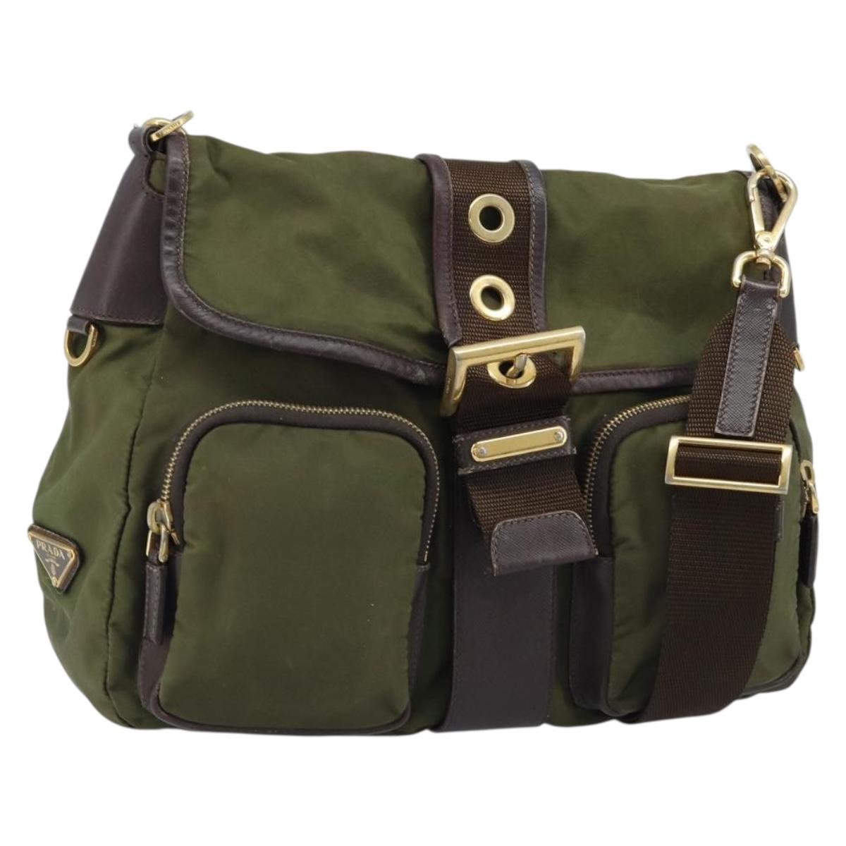 PRADA Shoulder Bag Nylon Khaki Gold Auth LNZ745