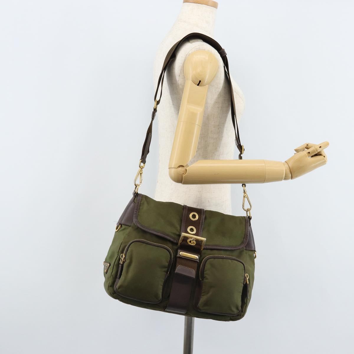 PRADA Shoulder Bag Nylon Khaki Gold Auth LNZ745