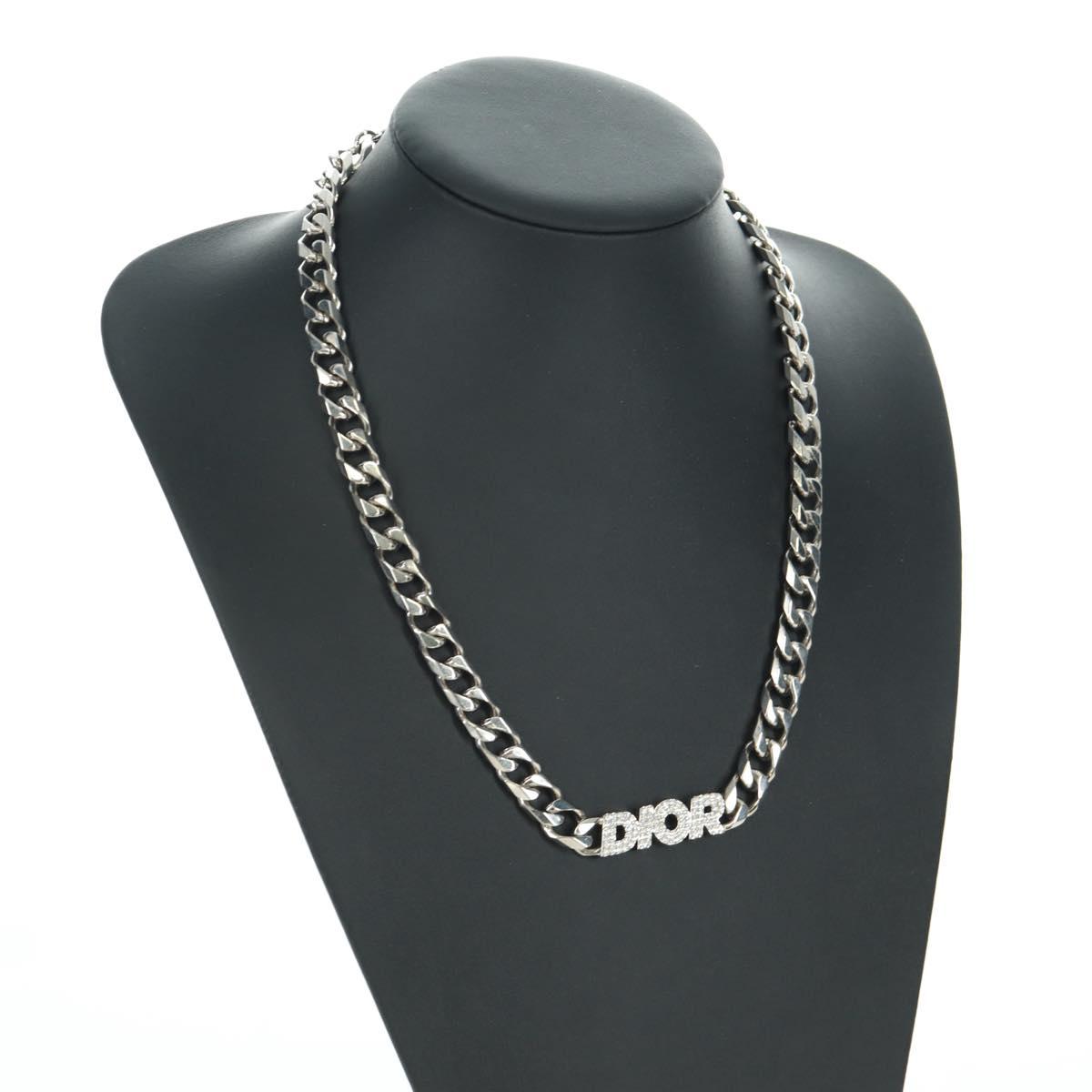 Christian Dior italic Necklace metal Silver Auth LNZ749M