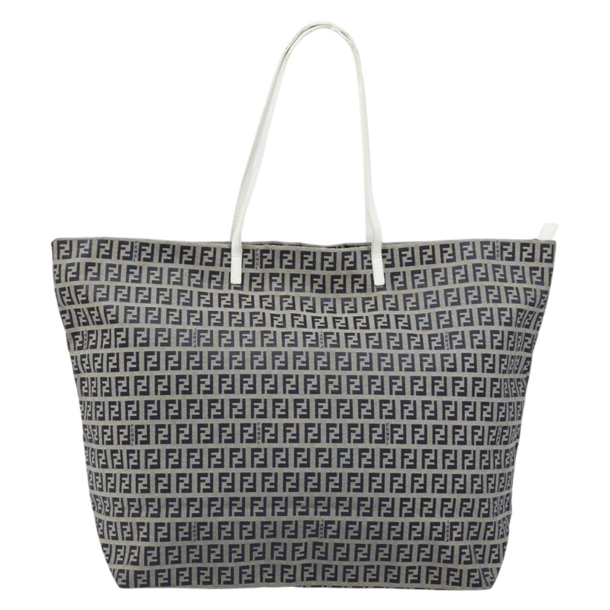 FENDI Zucchino Canvas Tote Bag Navy Silver Auth LNZ782