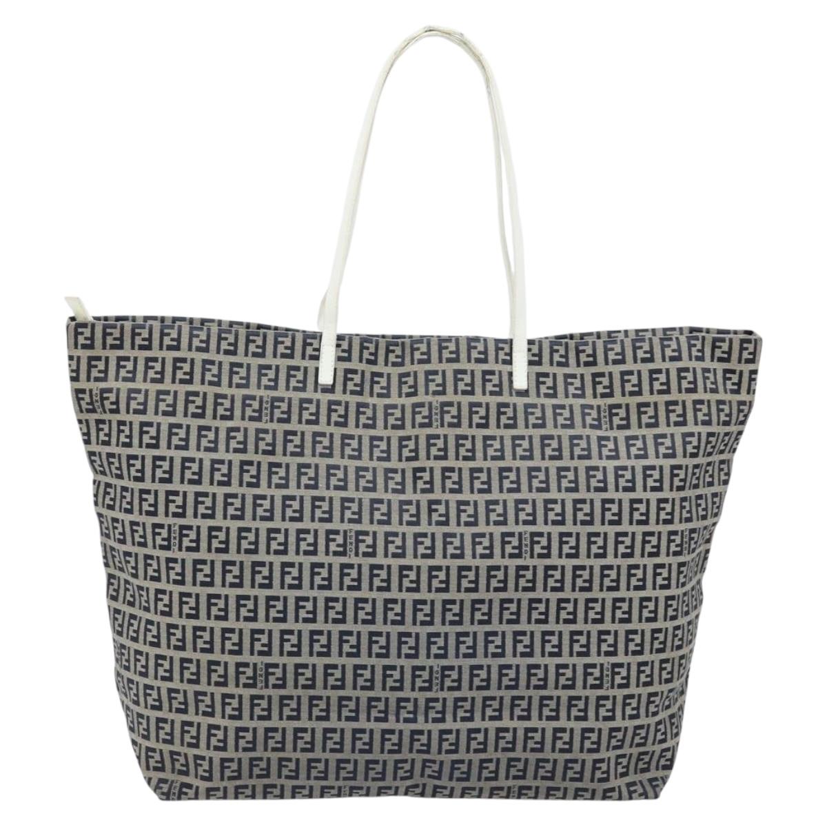 FENDI Zucchino Canvas Tote Bag Navy Silver Auth LNZ782