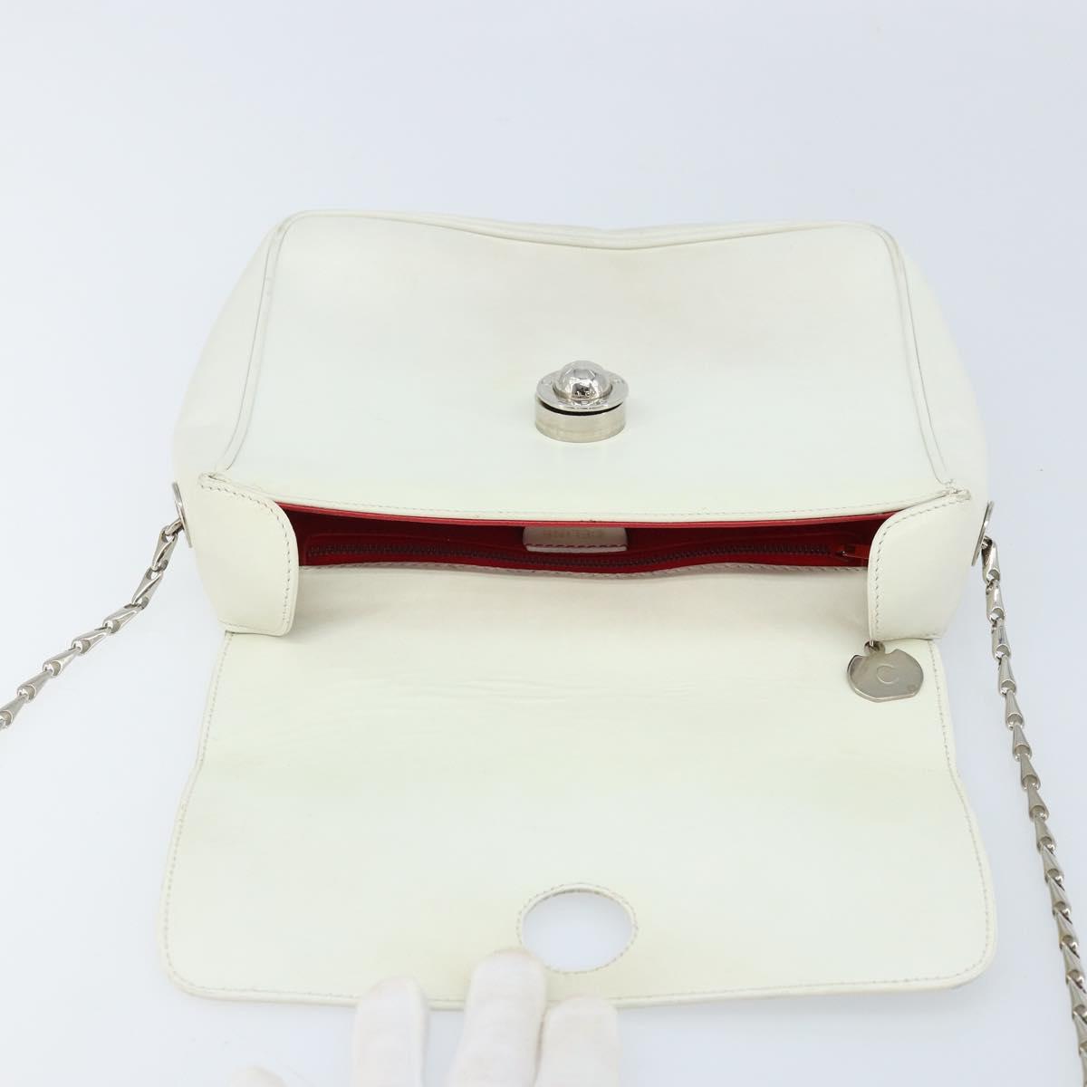 CELINE Star Ball Chain Shoulder Bag Leather White Silver Auth LNZ806