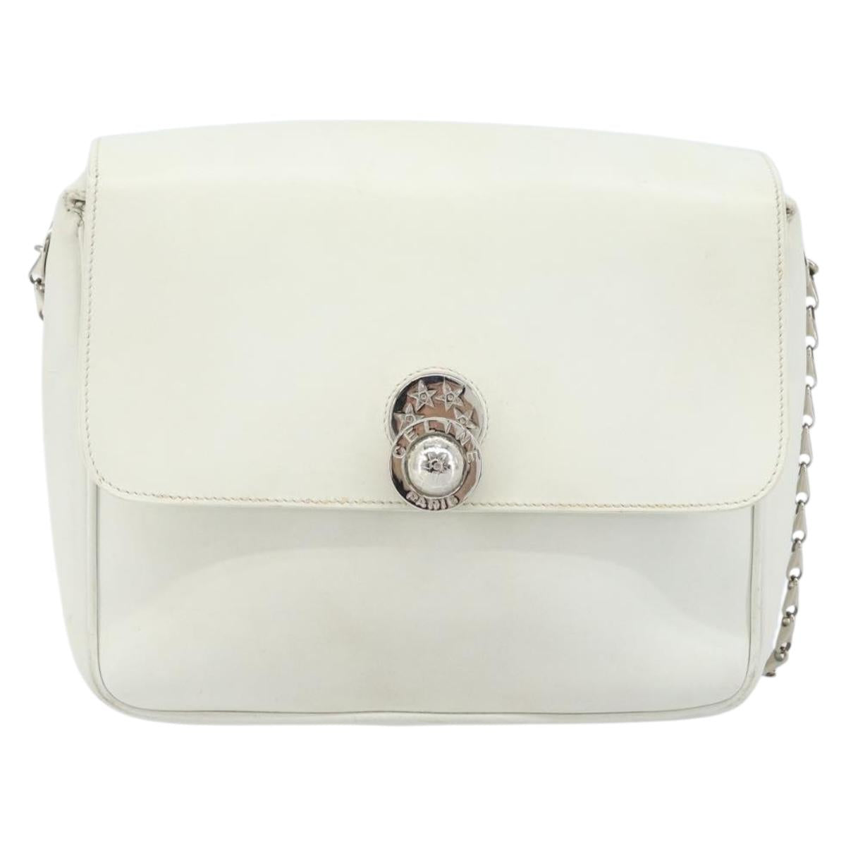CELINE Star Ball Chain Shoulder Bag Leather White Silver Auth LNZ806