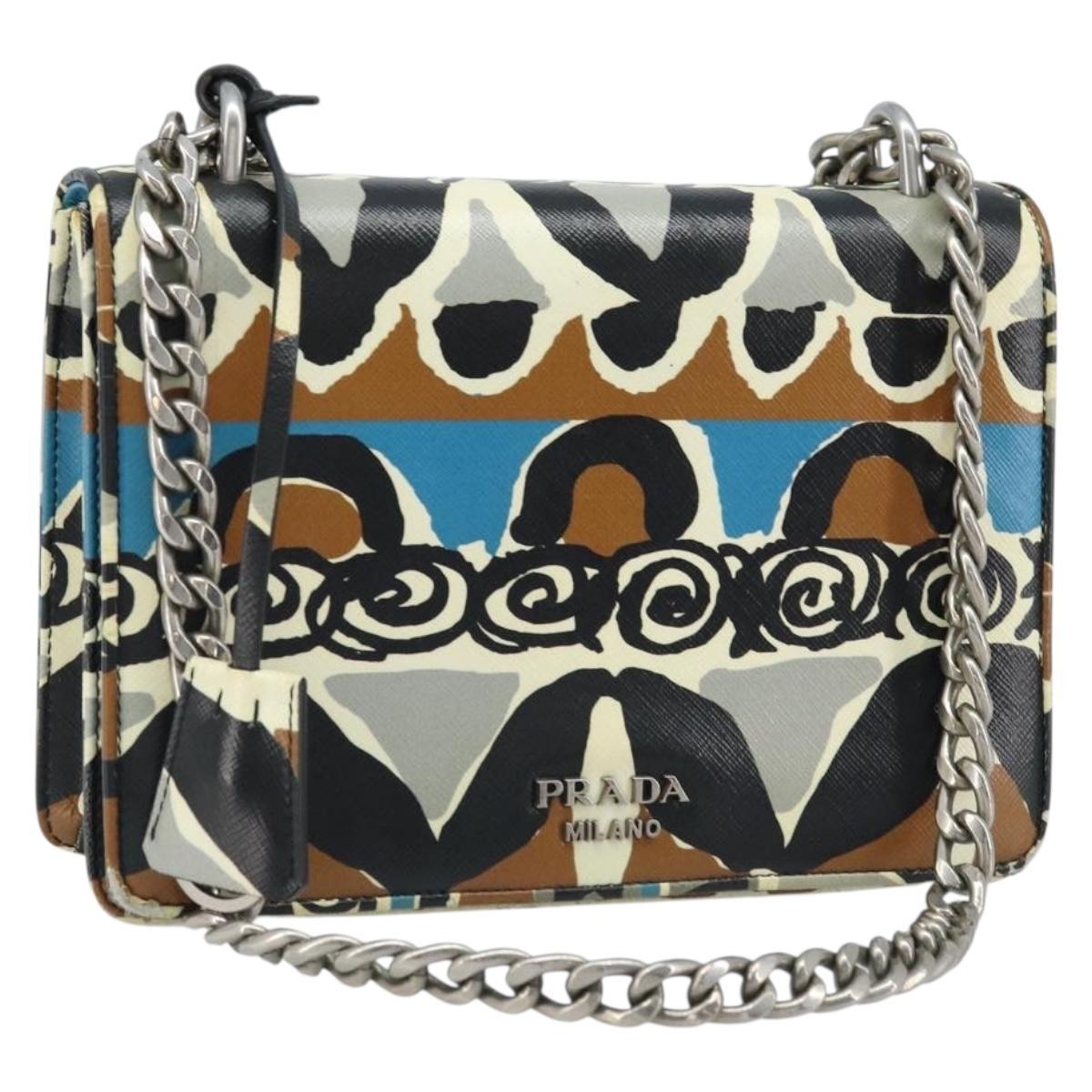 PRADA Chain Shoulder Bag Safiano leather Multicolor Silver Auth LNZ822A
