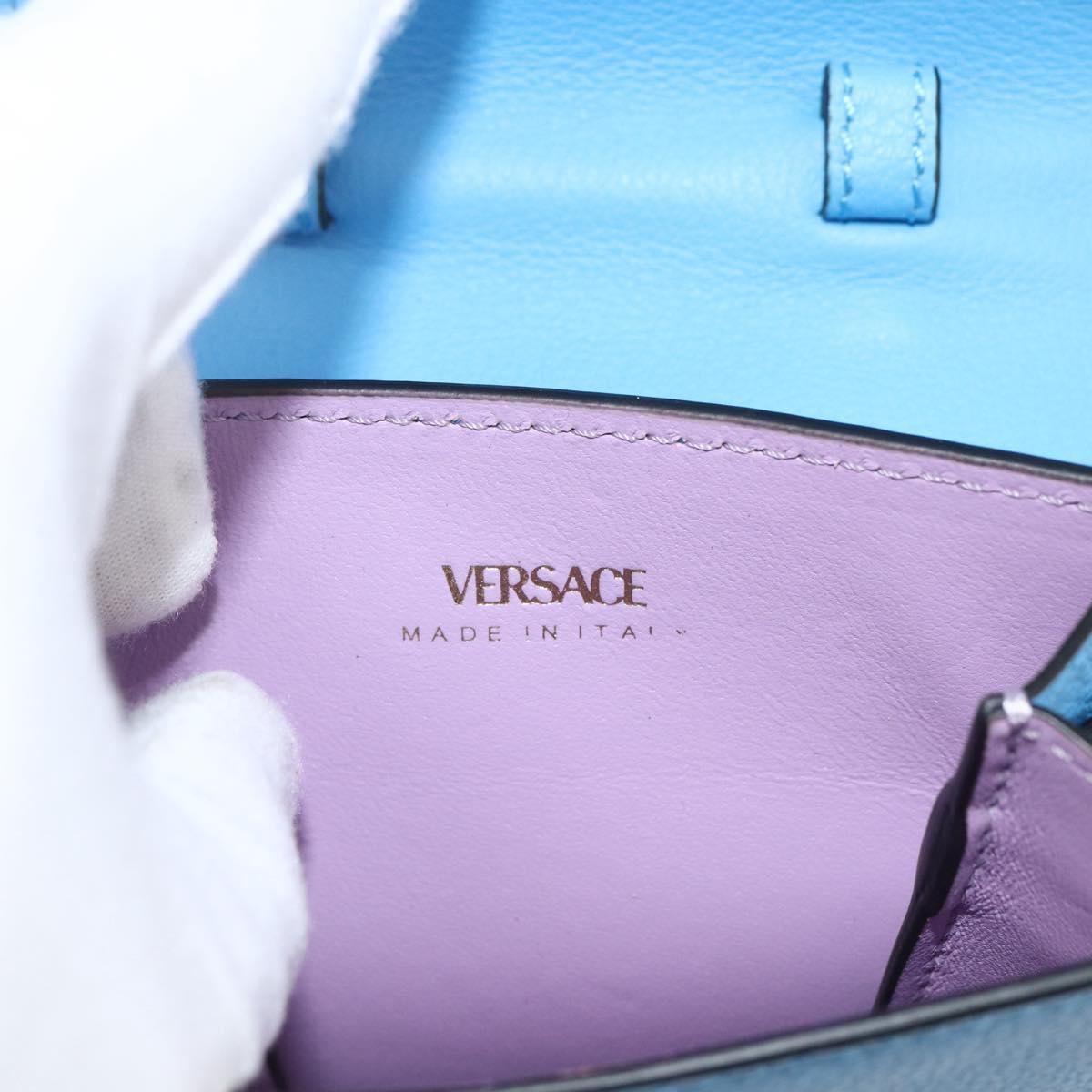 VERSACE Chain Hand Pouch Hand Bag Leather Blue Gold Auth LNZ853A