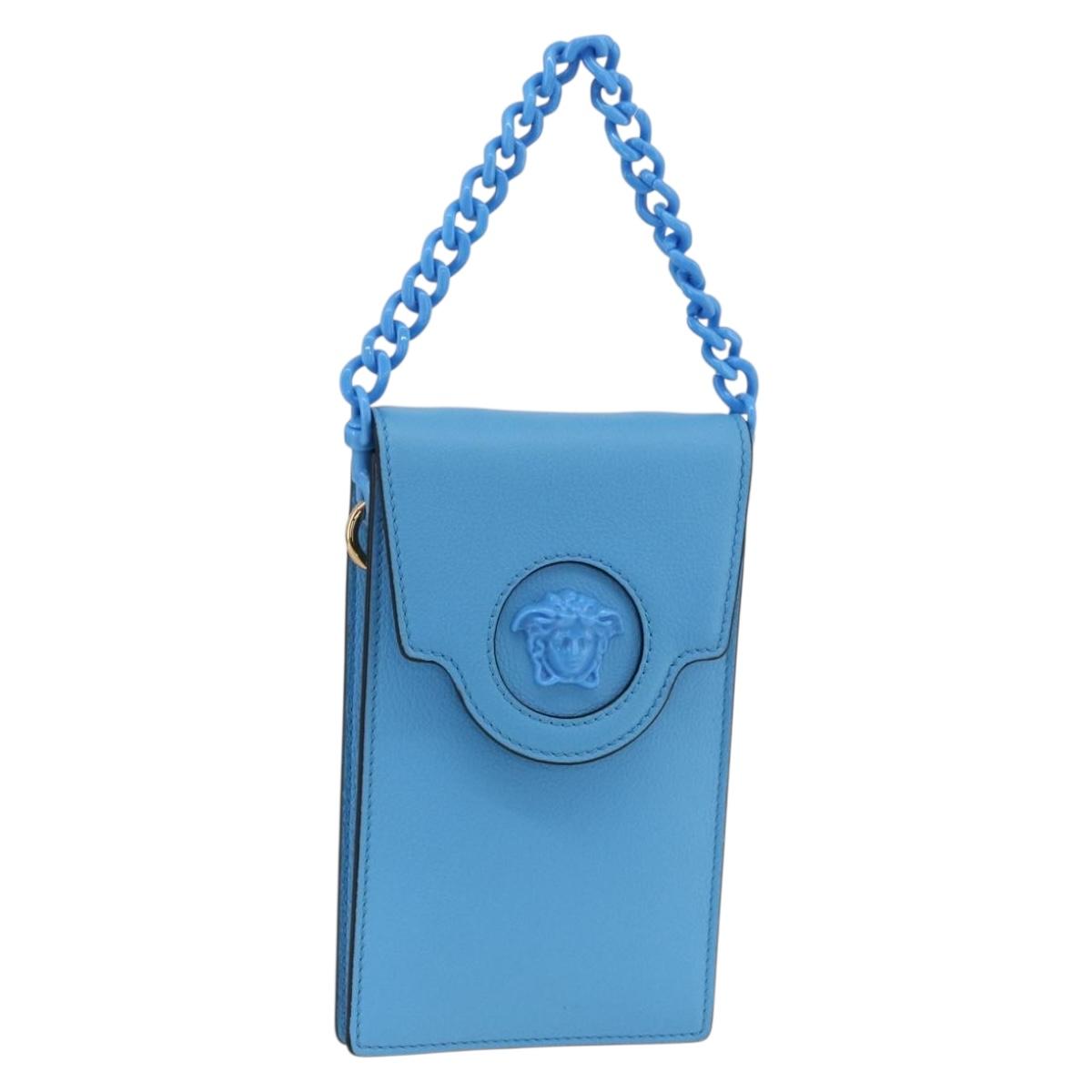 VERSACE Chain Hand Pouch Hand Bag Leather Blue Gold Auth LNZ853A