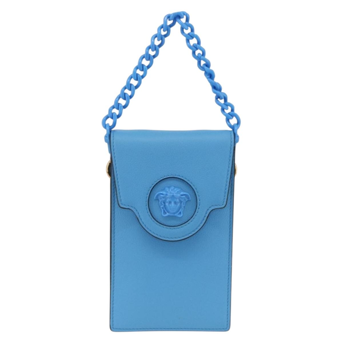 VERSACE Chain Hand Pouch Hand Bag Leather Blue Gold Auth LNZ853A