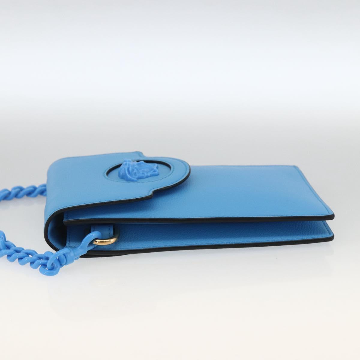 VERSACE Chain Hand Pouch Hand Bag Leather Blue Gold Auth LNZ853A
