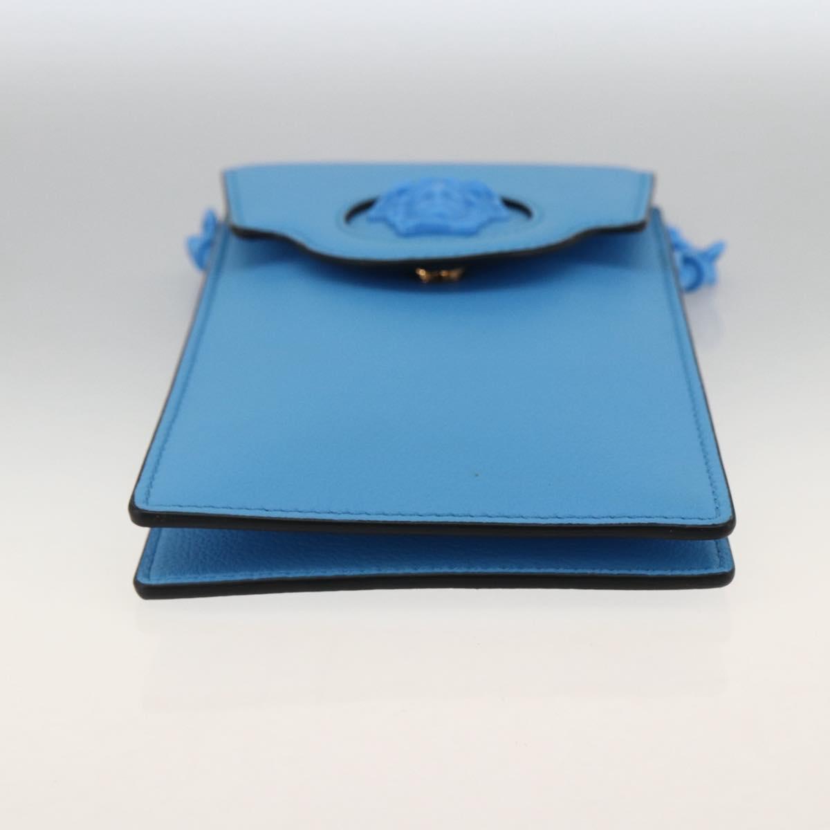 VERSACE Chain Hand Pouch Hand Bag Leather Blue Gold Auth LNZ853A