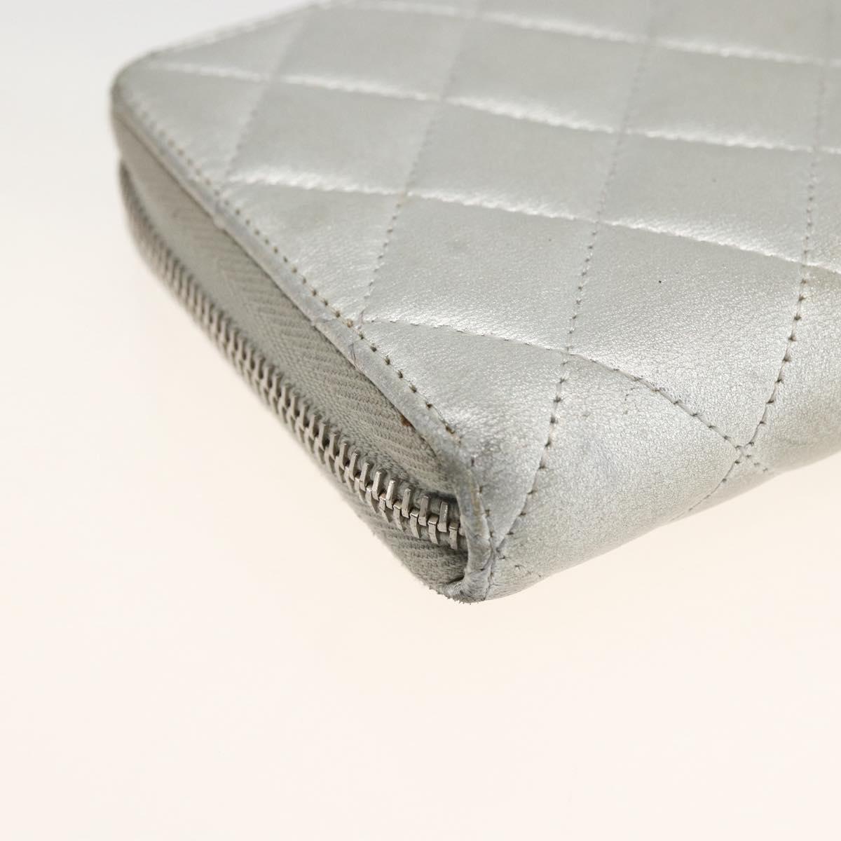 CHANEL Matelasse Long Wallet Lamb Skin Silver CC Auth LNZ865A