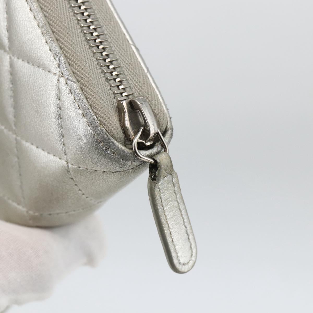 CHANEL Matelasse Long Wallet Lamb Skin Silver CC Auth LNZ865A