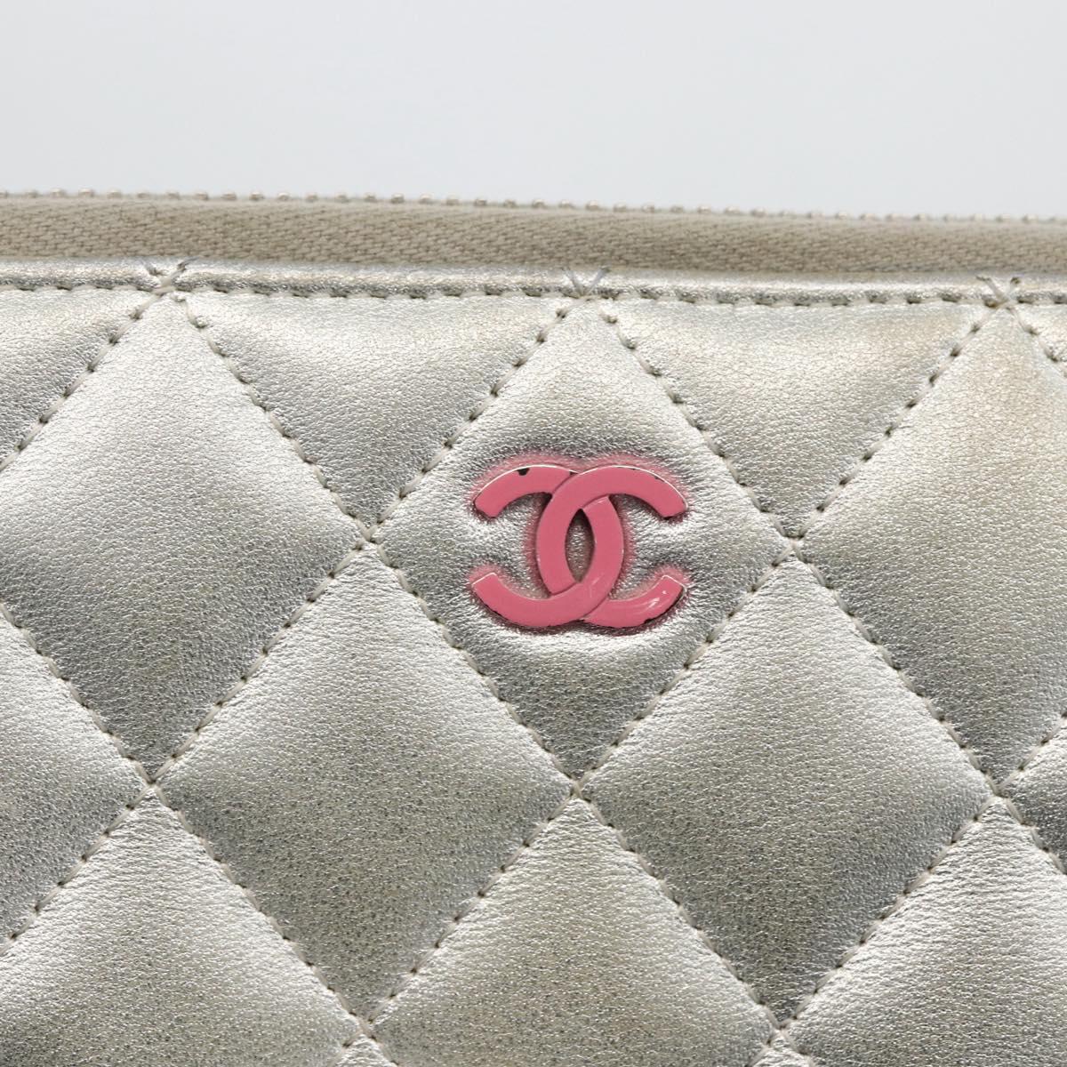 CHANEL Matelasse Long Wallet Lamb Skin Silver CC Auth LNZ865A
