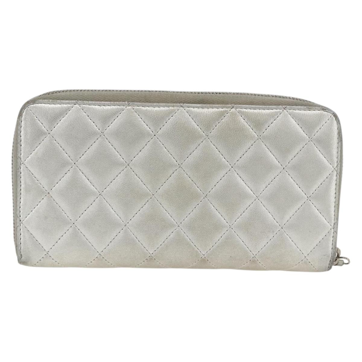 CHANEL Matelasse Long Wallet Lamb Skin Silver CC Auth LNZ865A