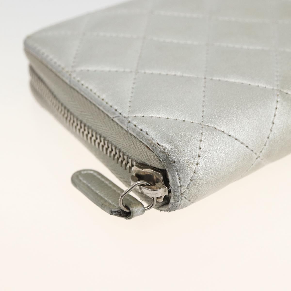 CHANEL Matelasse Long Wallet Lamb Skin Silver CC Auth LNZ865A