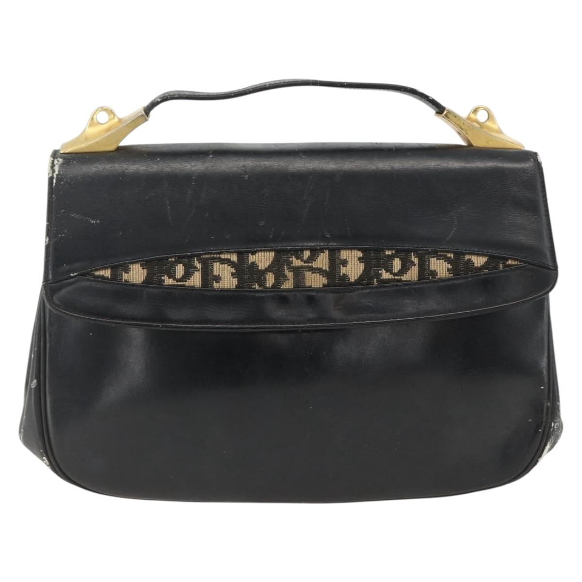 Christian Dior Trotter Canvas Hand Bag Leather Black Gold Auth LNZ970