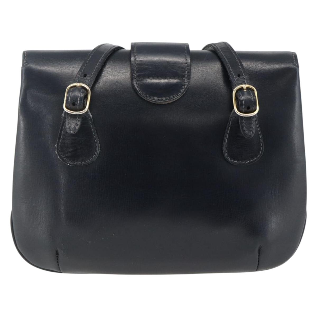GUCCI Shoulder Bag Leather Navy Gold Auth LNZ977