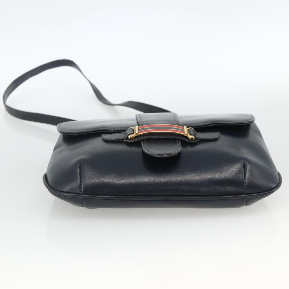 GUCCI Shoulder Bag Leather Navy Gold Auth LNZ977