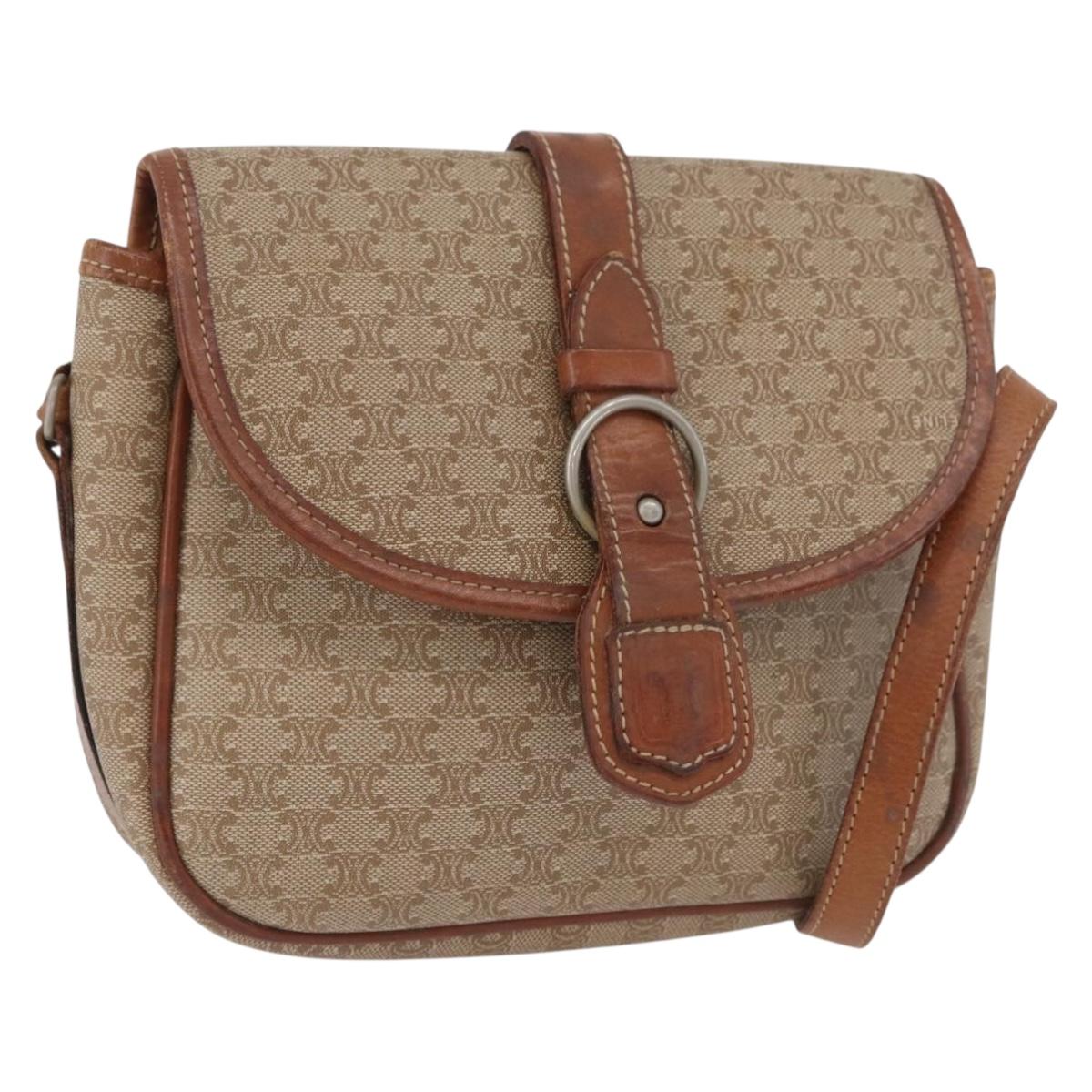 CELINE Macadam Canvas Shoulder Bag PVC Beige Gold Auth LNZ981