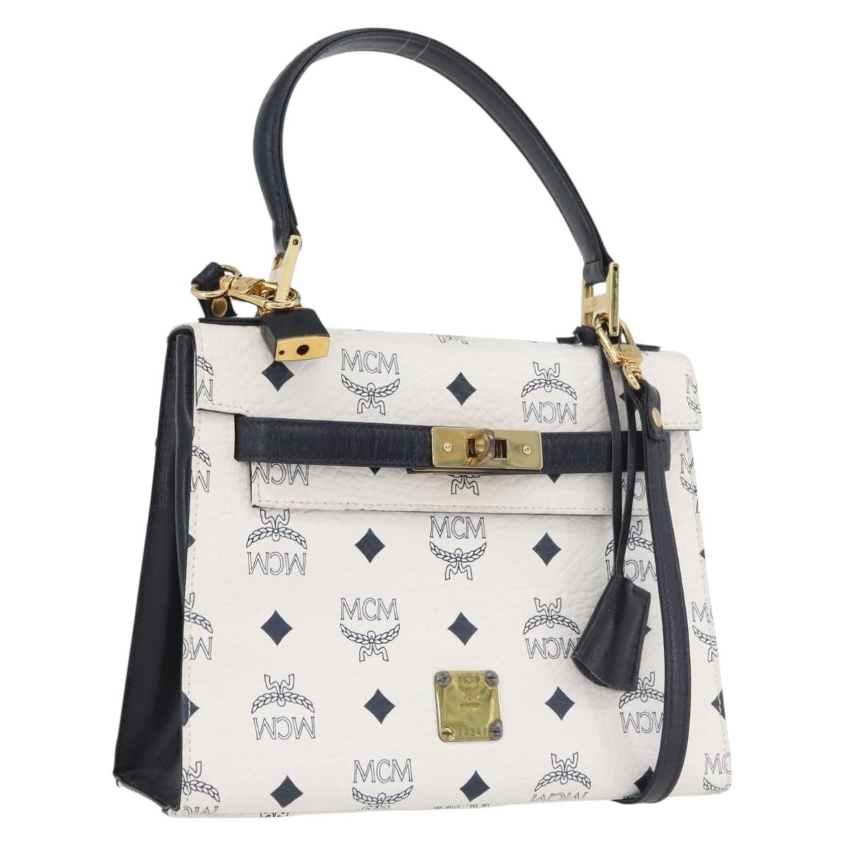 MCM Vicetos Logogram Hand Bag PVC Leather 2way White Gold Auth LNZ988A